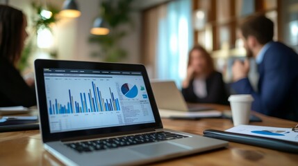 A modern office setting where a team is engaged in discussion, highlighted by a laptop on a wooden desk displaying comprehensive data visualizations, emphasizing technology in business.