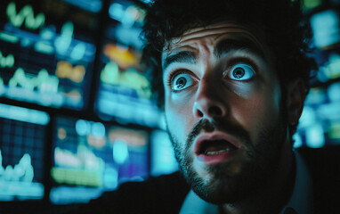 A worried stock trader, dressed in a dark suit and glasses, is overwhelmed by a wall of digital screens displaying dynamic market data.