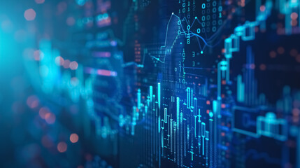 Obraz premium Concept of the stock market and fintech forex, featuring blurry blue digital charts over a dark 
