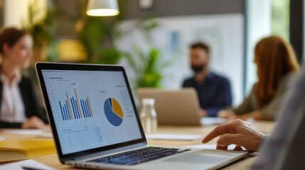 Image showing a laptop displaying various data analysis charts in a green office space, surrounded by colleagues engaged in a meeting, symbolizing teamwork and productivity.
