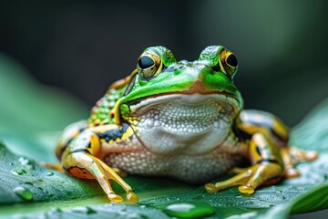 Fototapeta premium Close-up of a green frog. Perfect for illustrating articles about amphibians, nature, or conservation.