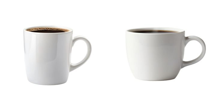 A steaming cup of coffee with rising steam curls, focusing on the mug's shape and texture, isolated on white and transparent background