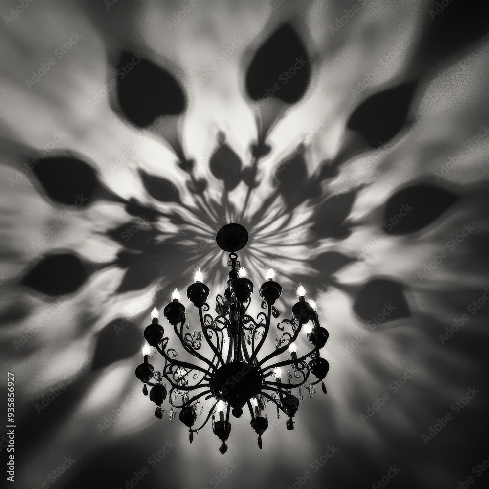 Poster A sophisticated chandelier is casting charming leaf-shaped shadow patterns onto the ceiling, merging classical lighting design with nature-inspired decorative elements.