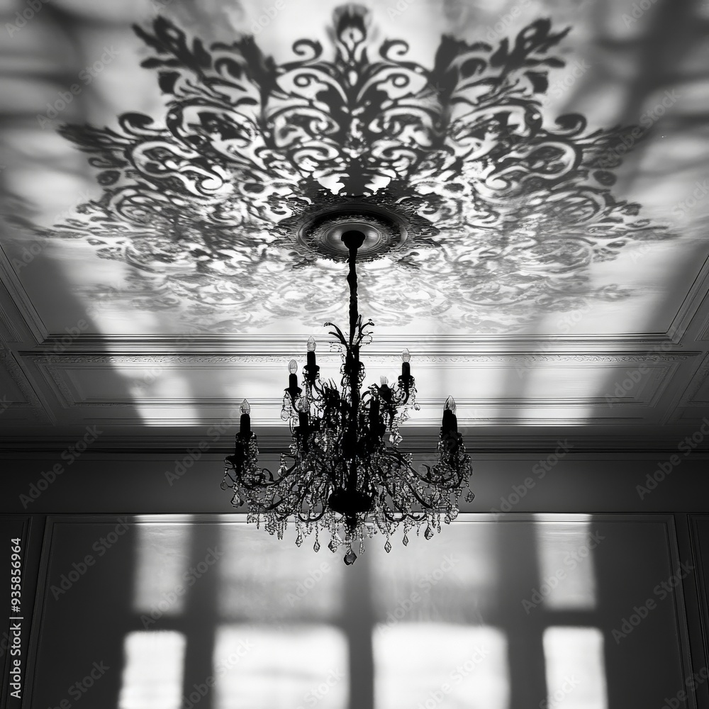 Aufkleber an ornate chandelier is beautifully illuminated, casting intricate and artistic shadow patterns onto