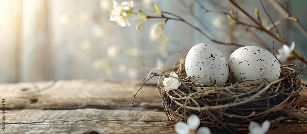 Wall mural Easter eggs in a nest on a rustic wooden background with selective focus Card Happy Easter. Copy space image. Place for adding text and design