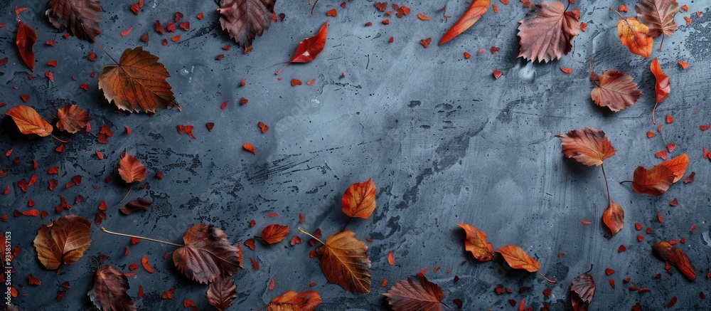Canvas Prints frame of vibrant fallen autumn leaves on a gray backdrop. copy space image. place for adding text an