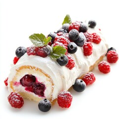 With vibrant fruit toppings and a lush cream filling, this berry roll cake is truly divine