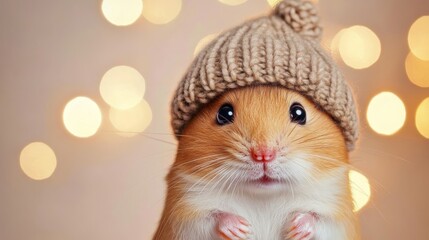 Adorable Hamster Wearing a Knitted Hat - A cute hamster wearing a knitted hat looks directly at the camera, with a blurred background of warm, golden lights. The image embodies warmth, cuteness, and t