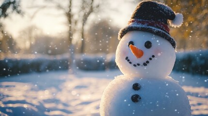 Obraz premium A delightful snowman smiles warmly, adorned with an orange carrot nose and a red hat, standing in a snowy landscape reflecting the serene beauty of wintertime with gentle snowfall