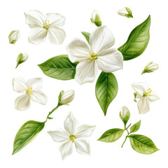 Beautiful illustration of jasmine flowers and leaves, showcasing delicate white blossoms and vibrant green foliage.