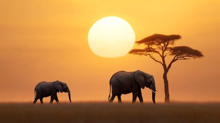 Obraz premium African Sunset with Elephants Silhouette - Two elephants walk through the savanna at sunset, symbolizing family, wildlife, Africa, nature, and the beauty of the wild.