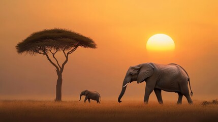 Fototapeta premium African Elephants at Sunset with Silhouette of Tree - Two elephants walk across a savanna at sunset, one large elephant leads the way, and a smaller elephant follows. The setting sun glows brightly be