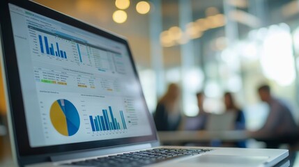 A business setting with a laptop prominently displaying various statistical graphs, with blurry individuals in the background engaged in a focused business discussion, teamwork, and strategy planning