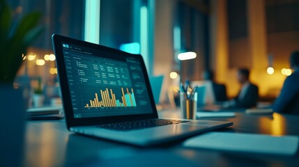 A modern office desk features a laptop displaying colorful bar charts on its screen, representing data analysis and business performance tracking in a professional setting.
