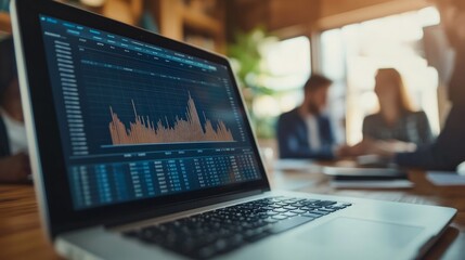A laptop on a meeting room table shows financial graphs, indicating detailed analysis and collaborative business planning, with people in the background highlighting a professional environment.