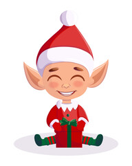 A cheerful cartoon Christmas elf with a gift, dressed in a red outfit with a Santa hat and green shoes. The concept for a postcard, an invitation.