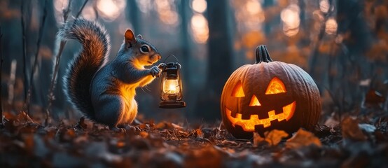 Obraz premium Halloween Encounter with a Glowing Eyed Squirrel and a Carved Pumpkin Lantern