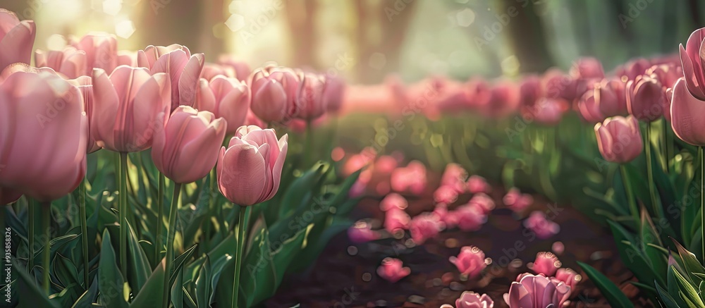 Poster Close up view of a pink tulip garden. Copy space image. Place for adding text and design