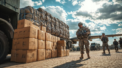 Soldiers guarding military cargo plane being loaded with supplies