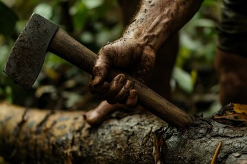 A focused shot of a mud-covered hand holding a rustic axe, chopping into a damp, rough log in a dense, wet forest, showcasing the hard manual labor in a natural environment.