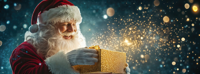 Santa claus opening a shiny golden gift box surrounded by christmas lights