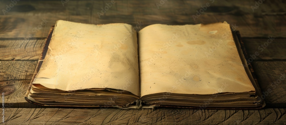 Poster open blank vintage notebook on a wooden desk with empty space for your art or text presentation. cop