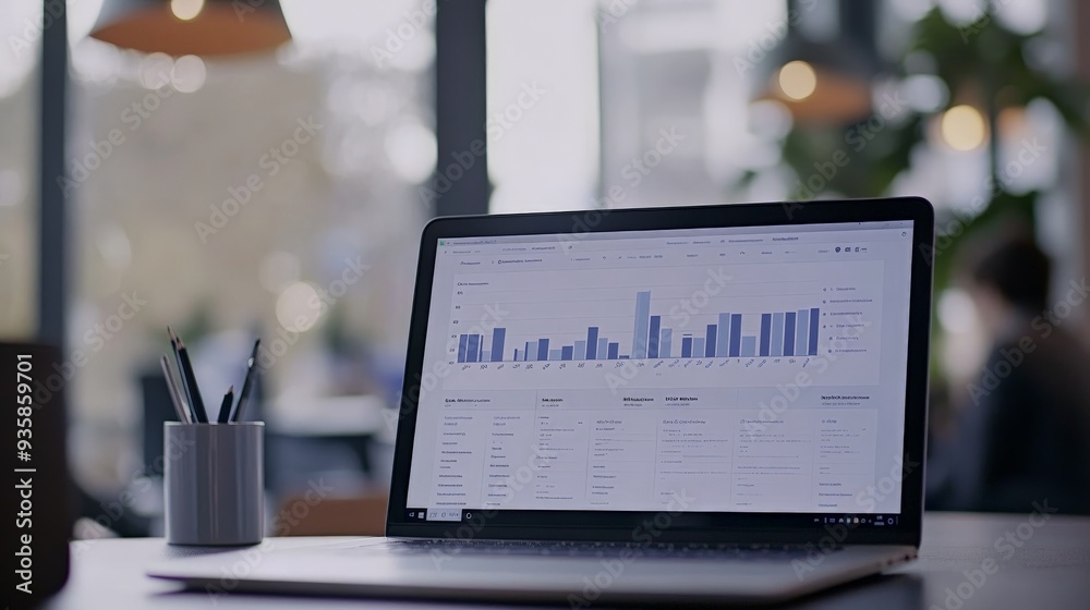 Leinwandbilder A laptop opened to a screen showing a bar graph and detailed analytics is placed in an office setting where professionals are conducting a meeting in the background.