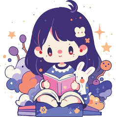 Adorable Girl Reading with Bunny