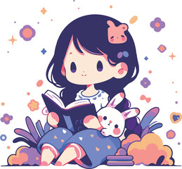 Adorable Girl Reading with Bunny