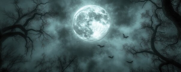 Eerie Bats Flying Under a Full Moon, Haunting Nighttime Silhouette, Mysterious Moonlit Sky, Dark and Moody Atmosphere, Spooky Nature Photography, Creepy Moonlight