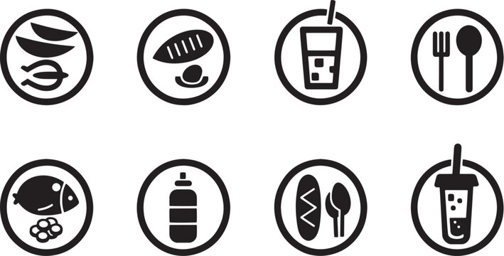 A minimalist vector icon set featuring a plate with portion control, water intake, macronutrients, and dietary supplements