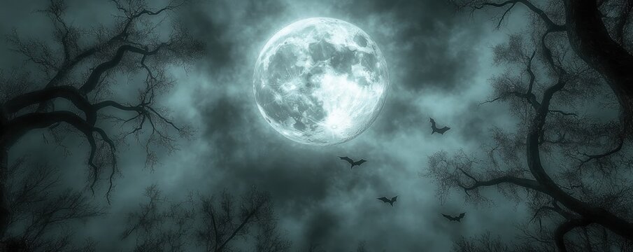 Eerie Bats Flying Under a Full Moon, Haunting Nighttime Silhouette, Mysterious Moonlit Sky, Dark and Moody Atmosphere, Spooky Nature Photography, Creepy Moonlight