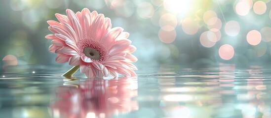 Close up of a pink Gerbera flower in soft focus with a bokeh water background. Copy space image. Place for adding text and design