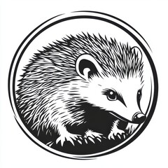 Obraz premium Black and white flat vector art illustration of a hedgehog in a circular stamp logo style, svg design, isolated on white background, simple vector art design