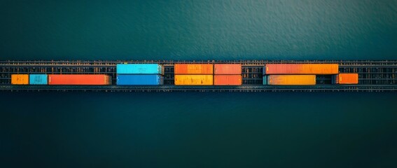 Freight train crossing thriving port waters from the air