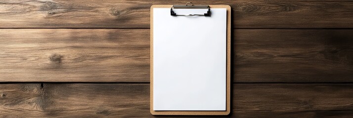 Blank Clipboard on Wooden Background for Note Taking and Ideas - A blank clipboard with a white sheet of paper sits on a rustic wooden surface, symbolizing organization, creativity, planning,  and new