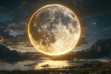 Eerie Moon Casting a Ghostly Glow Over a Haunted Landscape, Spooky Night Sky with Full Moon and Mountains, Creepy Horror Scene