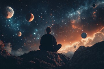 Fototapeta premium A man sits and contemplates the vast universe, surrounded by a cosmic landscape filled with numerous planets and stars, symbolizing human curiosity and the vastness of space.