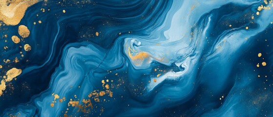 Abstract marble marbled ink painted painting texture luxury background banner - Blue waves swirls gold painted splashes