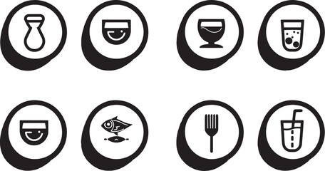 A minimalist vector icon set featuring a plate with portion control, water intake, macronutrients, and dietary supplements