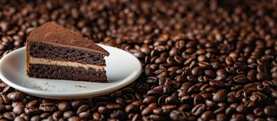 Naklejka premium Cup of coffee and cake placed on coffee beans. Copy space image. Place for adding text and design