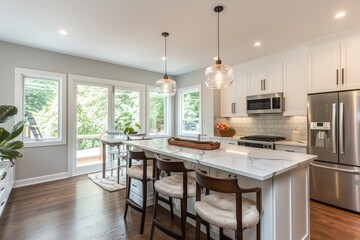 The image features a cozy kitchen interior with a marble-topped island, wooden bar stools, large windows providing natural light, and stainless steel appliances in a serene setting.