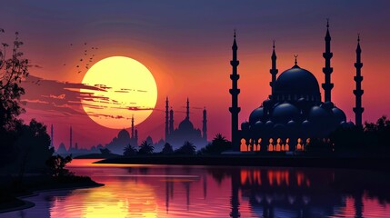 Naklejka premium Silhouetted Mosque at Sunset with a Large Orange Sun