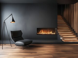 Modern living room with fireplace, wooden floor and comfortable armchair.