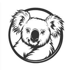 Obraz premium Black and white flat vector art illustration of a koala in a circular stamp logo style, svg design, isolated on white background, simple vector art design 
