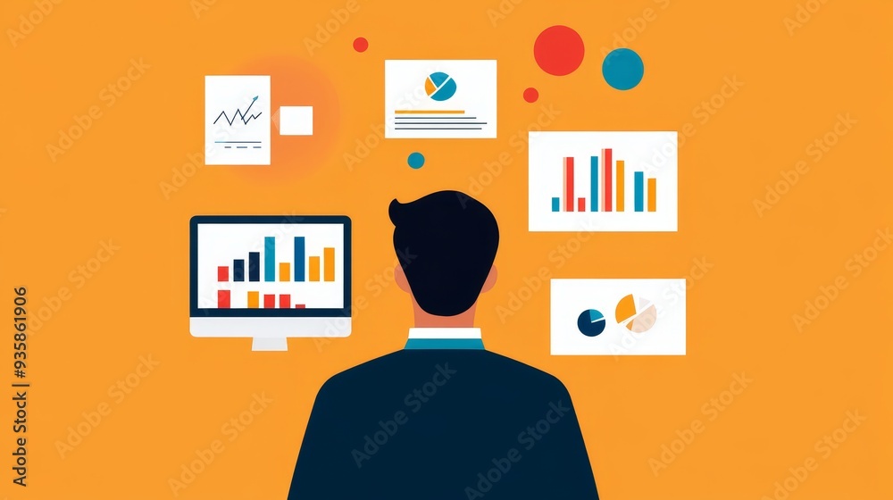 Poster businessman analyzing data and charts on computer screen - a businessman is sitting in front of a co