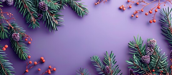 Christmas pattern featuring fir trees and buckthorn berries on a violet background Wallpaper design...