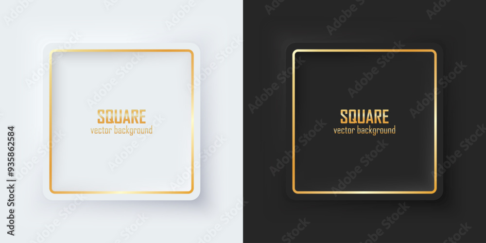 Poster Set of realistic 3d squares. Gold illuminate neon lighting, Square frames on a white and black background in neumorphism style. Elements for design. Top view of the podium. EPS10 vector.