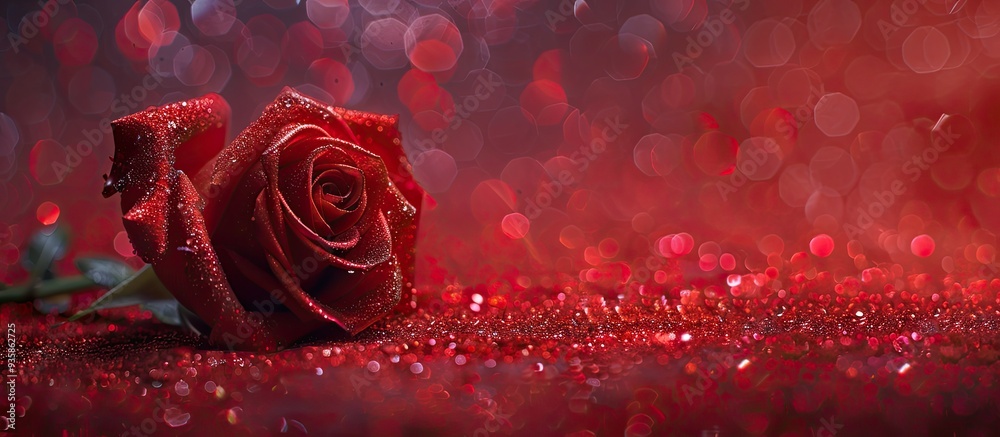 Poster one red rose on a table covered in red glitter. copy space image. place for adding text and design