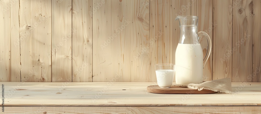 Canvas Prints Fermented beverage kefir and natural yogurt in a glass carafe Positioned on a light wooden background with space. Copy space image. Place for adding text and design